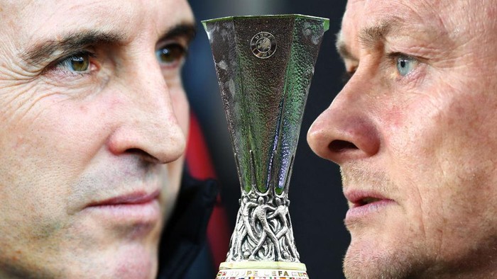 FILE PHOTO (EDITORS NOTE: COMPOSITE OF IMAGES - Image numbers 1065112934, 1152467118, 1139964960 - GRADIENT ADDED) In this composite image a comparison has been made between Unai Emery, Head Coach of Villarreal CF and Ole Gunnar Solskjaer, Manager of Manchester United. Villarreal CF and Manchester United meet in the Europa League Final on May 26,2021 at the Gdansk Arena in Gdansk,Poland. ***LEFT IMAGE*** BOURNEMOUTH, ENGLAND - NOVEMBER 25: Unai Emery, Manager of Arsenal looks on prior to the Premier League match between AFC Bournemouth and Arsenal FC at Vitality Stadium on November 25, 2018 in Bournemouth, United Kingdom. (Photo by Dan Mullan/Getty Images) ***CENTER IMAGE*** BAKU, AZERBAIJAN - MAY 29: A detailed view of the Europa League Trophy is seen prior to the UEFA Europa League Final between Chelsea and Arsenal at Baku Olimpiya Stadionu on May 29, 2019 in Baku, Azerbaijan. (Photo by Michael Regan/Getty Images) ***RIGHT IMAGE*** WOLVERHAMPTON, ENGLAND - APRIL 02: Ole Gunnar Solskjaer, Manager of Manchester United looks on prior to the Premier League match between Wolverhampton Wanderers and Manchester United at Molineux on April 02, 2019 in Wolverhampton, United Kingdom. (Photo by Catherine Ivill/Getty Images)