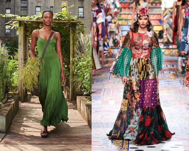 Maxi dress pada fashion show Michael Kors (kiri) dan Dolce & Gabbana (kanan).