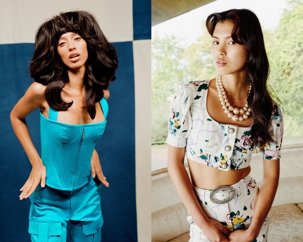 Bralette dari Alessandra Rich dan korset pada photoshoot Christopher John Rogers.