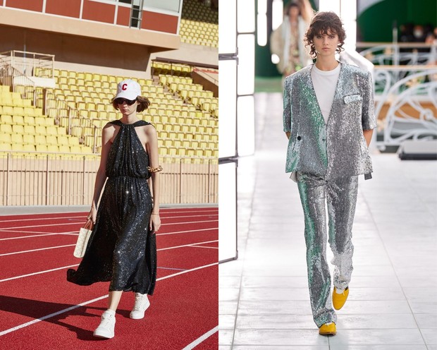 Sequin dan metalik yang terdapat pada fashion show Celine (kiri) dan Louis Vuitton (kanan).
