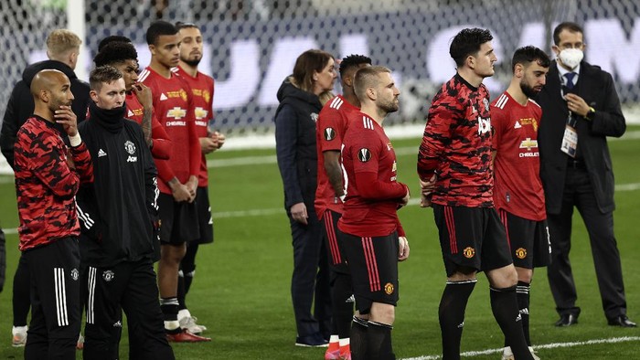 Liga Europa Manchester United players after the Europa League final soccer match between Manchester United and Villarreal in Gdansk, Poland, Wednesday May 26, 2021. (Maja Hitij, Pool via AP)