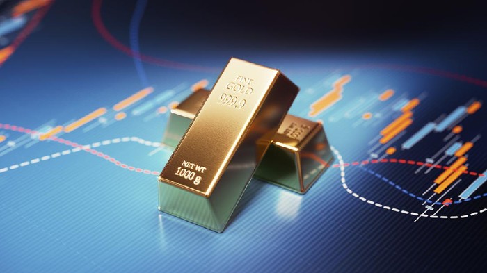 Gold bars sitting over blue financial kafetaria graph. Selective focus. Horizontal composition with copy space. Stock market and finance concept.