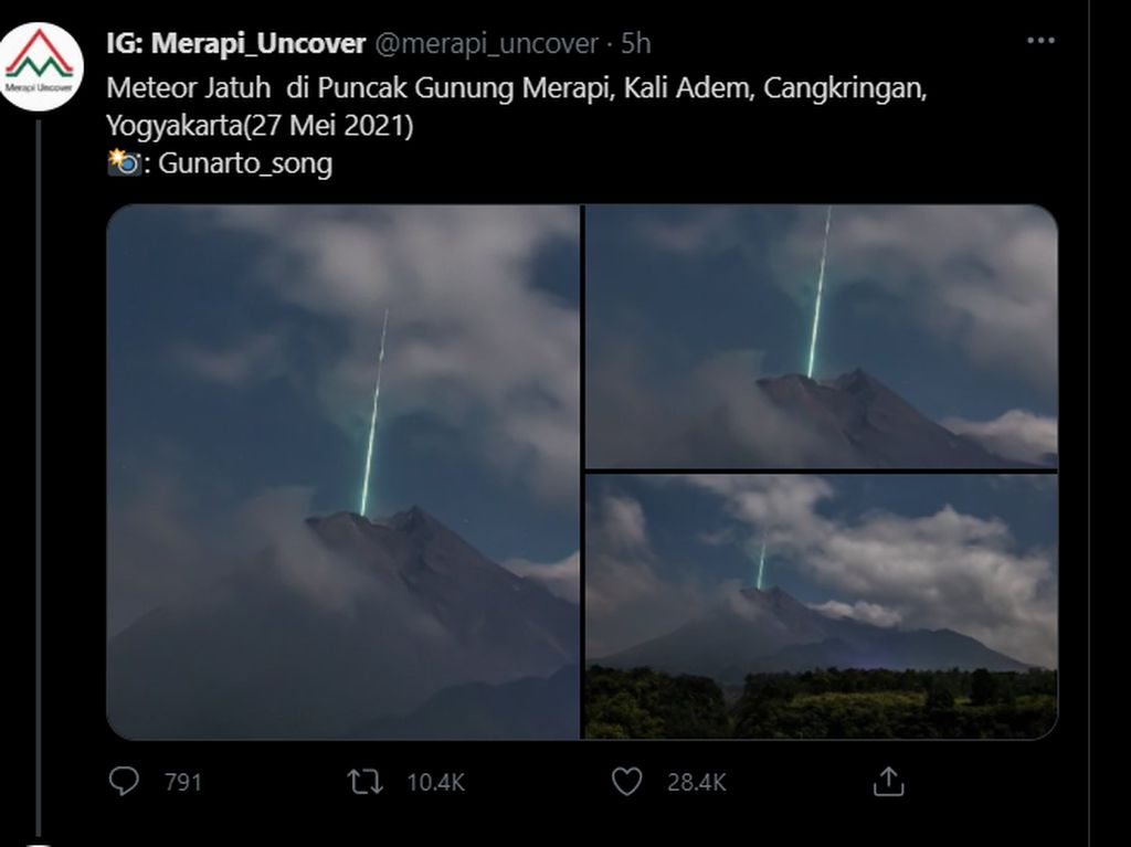 Viral Foto Diduga Meteor Jatuh di Puncak Gunung Merapi