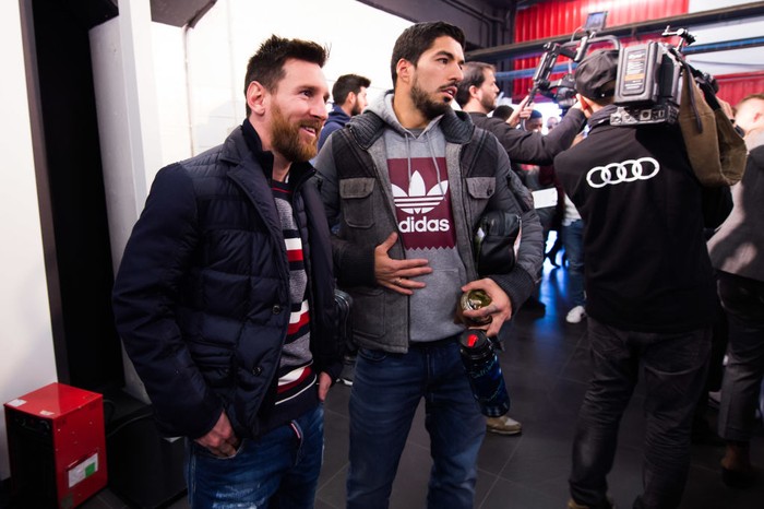 MONTMELO, SPAIN - NOVEMBER 30: Lionel Messi and Luis Suarez of FC Barcelona arrive to the Audi Car handover to the players of FC Barcelona on November 30, 2017 at Circuit de Barcelona-Catalunya in Montmelo, near Barcelona, Spain. (Photo by Alex Caparros/Getty Images for AUDI)