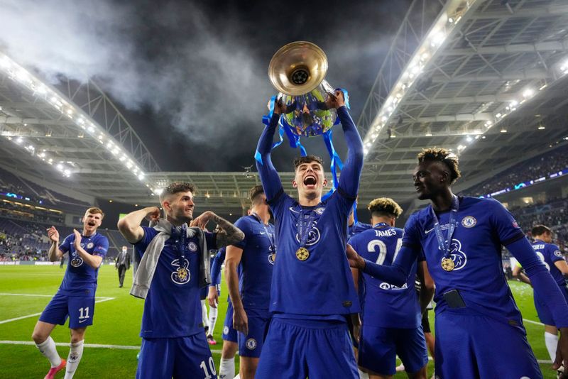 Kai Havertz PORTO, PORTUGAL - MAY 29: Kai Havertz of Chelsea celebrates with his winners medal following victory during the UEFA Champions League Final between Manchester City and Chelsea FC at Estadio do Dragao on May 29, 2021 in Porto, Portugal. (Photo by David Ramos/Getty Images)