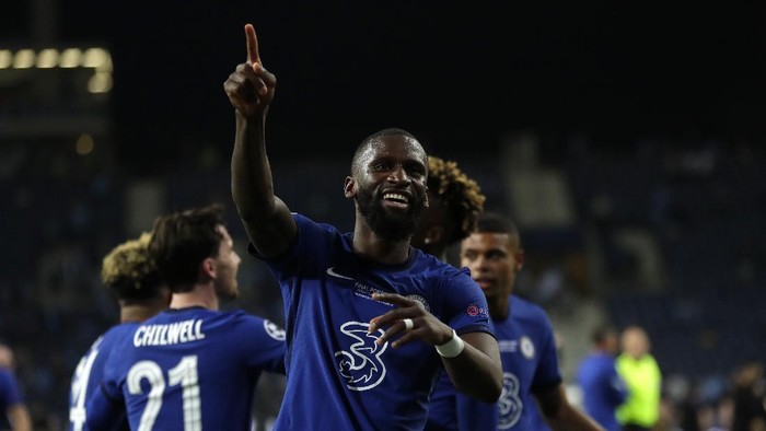 Chelseas Antonio Rudiger celebrates winning the Champions League final soccer match between Manchester City and Chelsea at the Dragao Stadium in Porto, Portugal, Saturday, May 29, 2021. (AP Photo/Manu Fernandez, Pool)