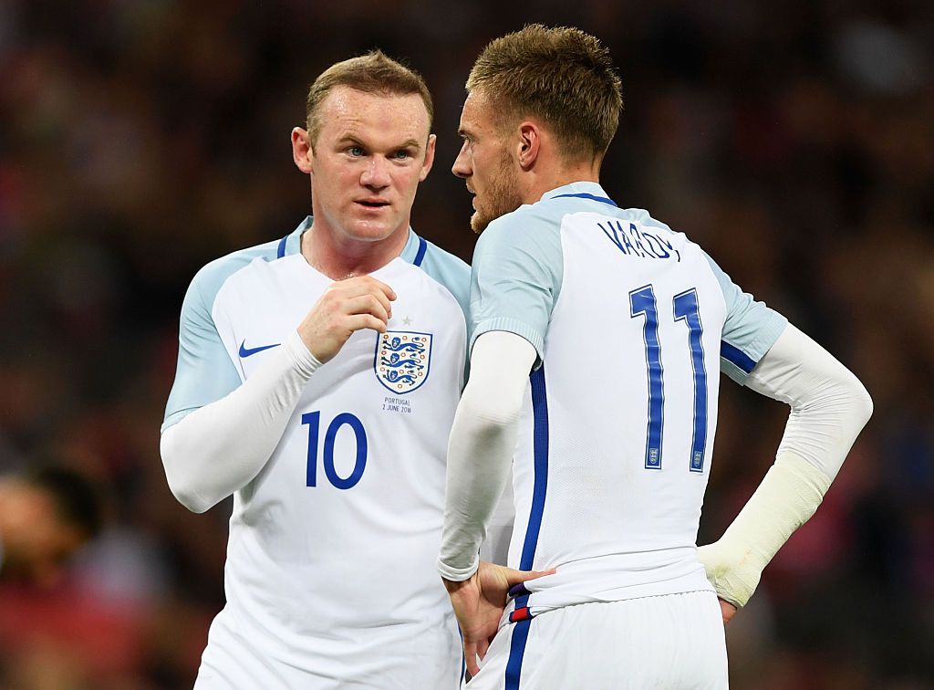LONDON, ENGLAND - JUNE 02:  Wayne Rooney (L) and Jamie Vardy (R) of England speak during the international friendly match between England and Portugal at Wembley Stadium on June 2, 2016 in London, England.  (Photo by Shaun Botterill/Getty Images)