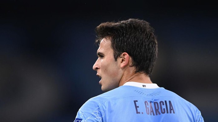 MANCHESTER, ENGLAND - OCTOBER 21: Eric Garcia of Manchester City looks on during the UEFA Champions League Group C stage match between Manchester City and FC Porto at Etihad Stadium on October 21, 2020 in Manchester, England. Sporting stadiums around the UK remain under strict restrictions due to the Coronavirus Pandemic as Government social distancing laws prohibit fans inside venues resulting in games being played behind closed doors. (Photo by Laurence Griffiths/Getty Images)