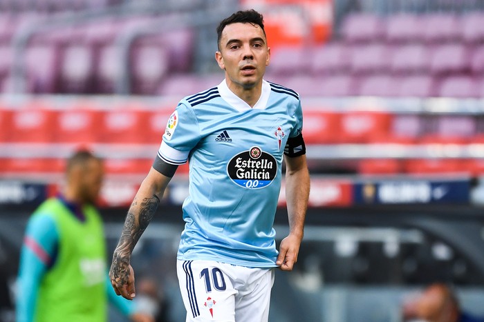 BARCELONA, SPAIN - MAY 16: Iago Aspas of RC Celta de Vigo looks on during the La Liga Santander match between FC Barcelona and RC Celta at Camp Nou on May 16, 2021 in Barcelona, Spain. Sporting stadiums around Spain remain under strict restrictions due to the Coronavirus Pandemic as Government social distancing laws prohibit fans inside venues resulting in games being played behind closed doors. (Photo by David Ramos/Getty Images)
