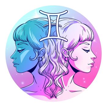 Zodiak Gemini Gemini zodiac sign artwork, beautiful girl face, horoscope symbol, star sign, vector illustration