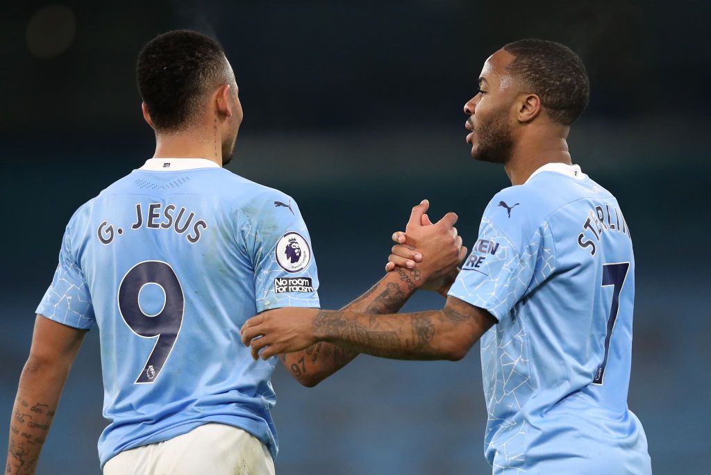 BURNLEY, ENGLAND - DECEMBER 03: City striker Gabriel Jesus is congratulated by Raheem Sterling after scoring the first goal during the Premier League match between Burnley FC and Manchester City at Turf Moor on December 03, 2019 in Burnley, United Kingdom. (Photo by Stu Forster/Getty Images)