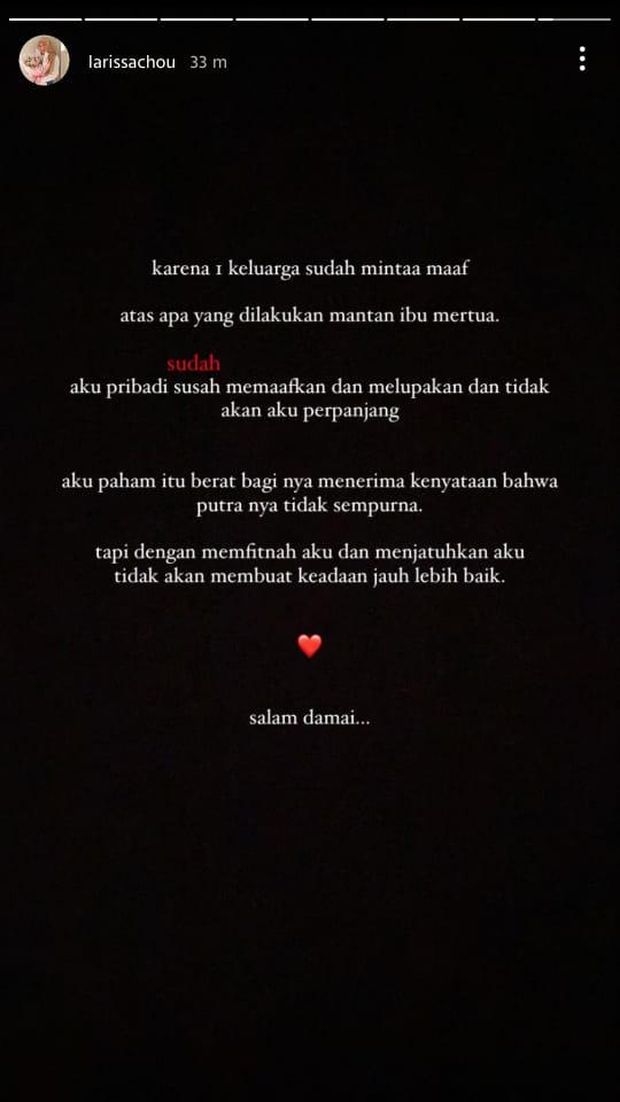 Respons Larissa Chou usai disebut sakit oleh ibu mertuanya sekaligus ibunda Alvin Faiz