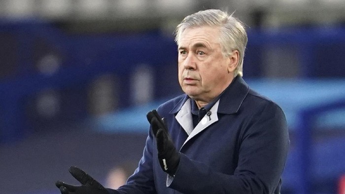 FILE - In this Saturday, March 20, 2021 file photo, Evertons manager Carlo Ancelotti reacts during their English FA Cup sixth round soccer match against Manchester City at Goodison Park in Liverpool, England. Carlo Ancelotti is ready to give Gareth Bale another opportunity at Real Madrid. Ancelotti said at his presentation Wednesday, June 2 at the start of his second stint as Madrids manager that Bale “can have a great season” if he is motivated. (AP Photo/Jon Super, file)