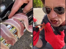 Nyleneh! Bule Ini Panggang Daging di Knalpot Motor