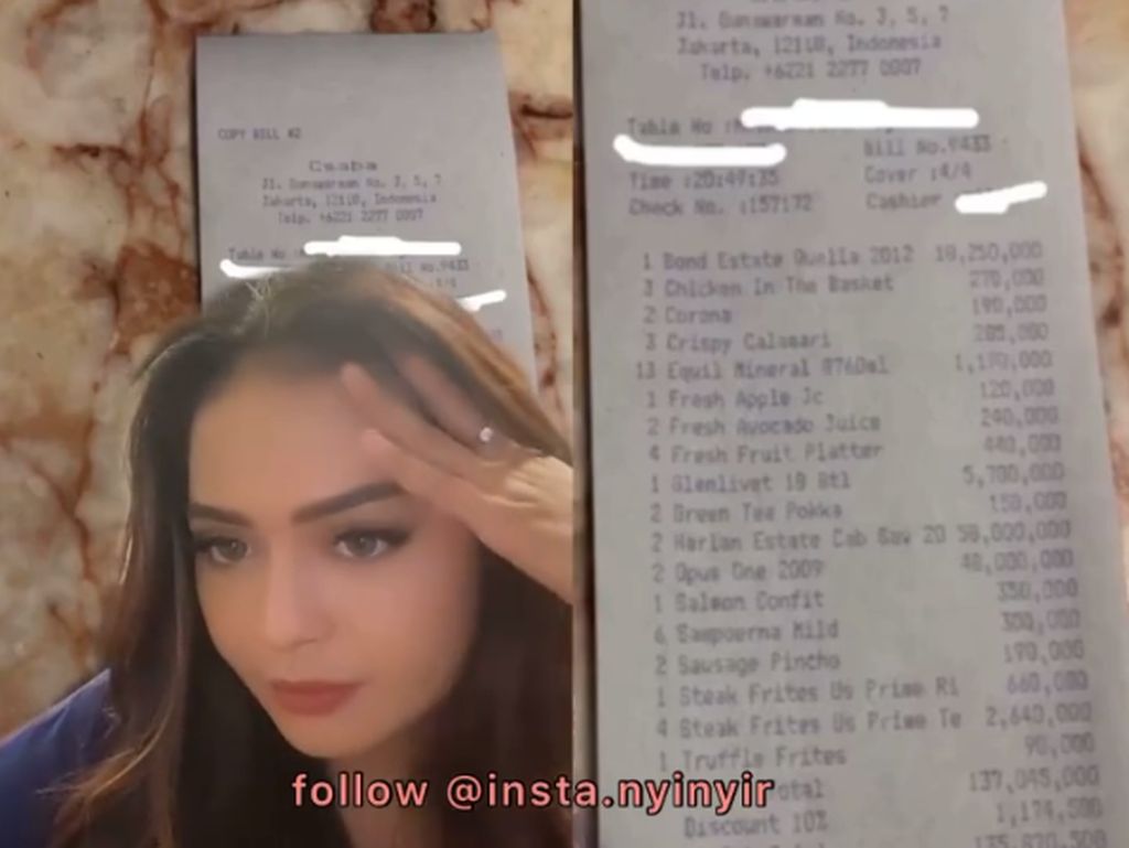Viral! Wanita Pamer Bon Makan Malam di Bar Habis Rp 164 Juta Sekali Makan