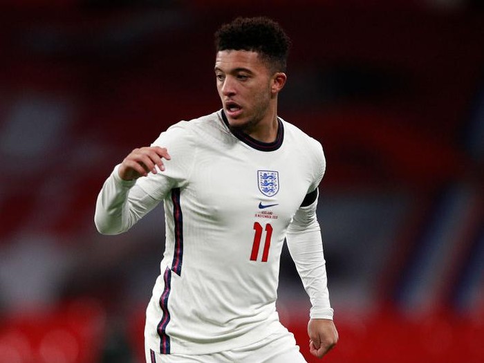 LONDON, ENGLAND - NOVEMBER 18: Jadon Sancho of England runs with the ball during the UEFA Nations League group stage match between England and Iceland at Wembley Stadium on November 18, 2020 in London, England. Football Stadiums around Europe remain empty due to the Coronavirus Pandemic as Government social distancing laws prohibit fans inside venues resulting in fixtures being played behind closed doors. (Photo by Ian Walton - Pool/Getty Images)