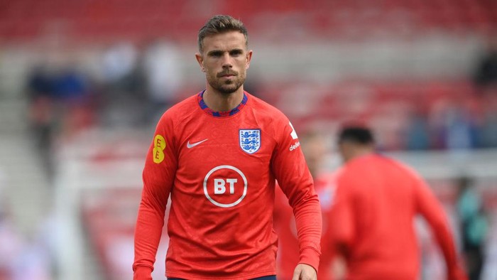 MIDDLESBROUGH, ENGLAND - JUNE 02: England player Jordan Henderson looks on during the warm up before the international friendly match between England and Austria at Riverside Stadium on June 02, 2021 in Middlesbrough, England. (Photo by Stu Forster/Getty Images)