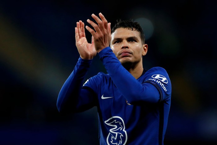 LONDON, ENGLAND - MAY 18: Thiago Silva of Chelsea interacts with the crowd following the Premier League match between Chelsea and Leicester City at Stamford Bridge on May 18, 2021 in London, England. A limited number of fans will be allowed into Premier League stadiums as Coronavirus restrictions begin to ease in the UK following the COVID-19 pandemic. (Photo by Peter Cziborra - Pool/Getty Images)