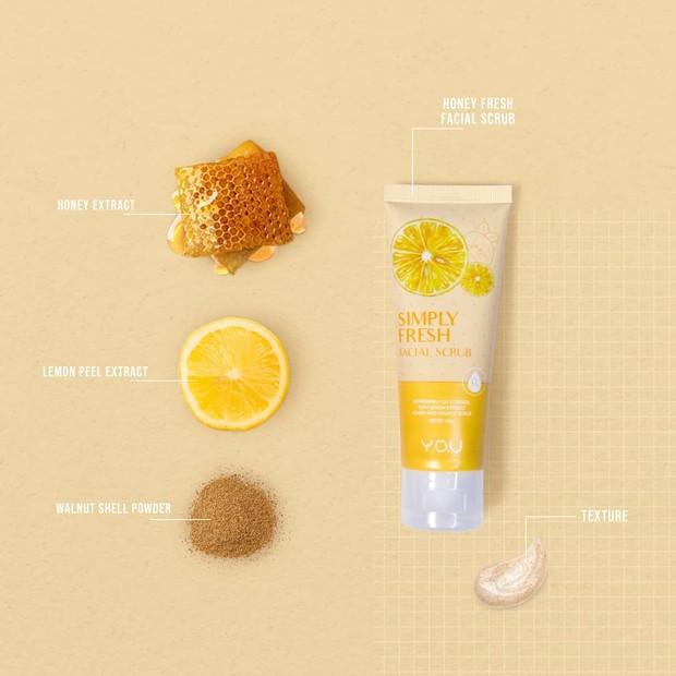 YOU Simply Fresh Facial Scrub/instagram.com/youbeauty_idn Facial scrub dengan bahan pilihan yang aman untuk wajah dan sensasi menyegarkan ketika diaplikasikan agar kulit tetap bersih dan sehat.