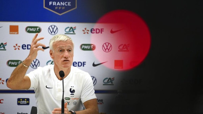 Frances coach Didier Deschamps gestures during a press conference in Clairefontaine, outskirts of Paris, Tuesday, June 1, 2021, on the eve of the international friendly match between France and Wales. (Franck Fife, Pool via AP)