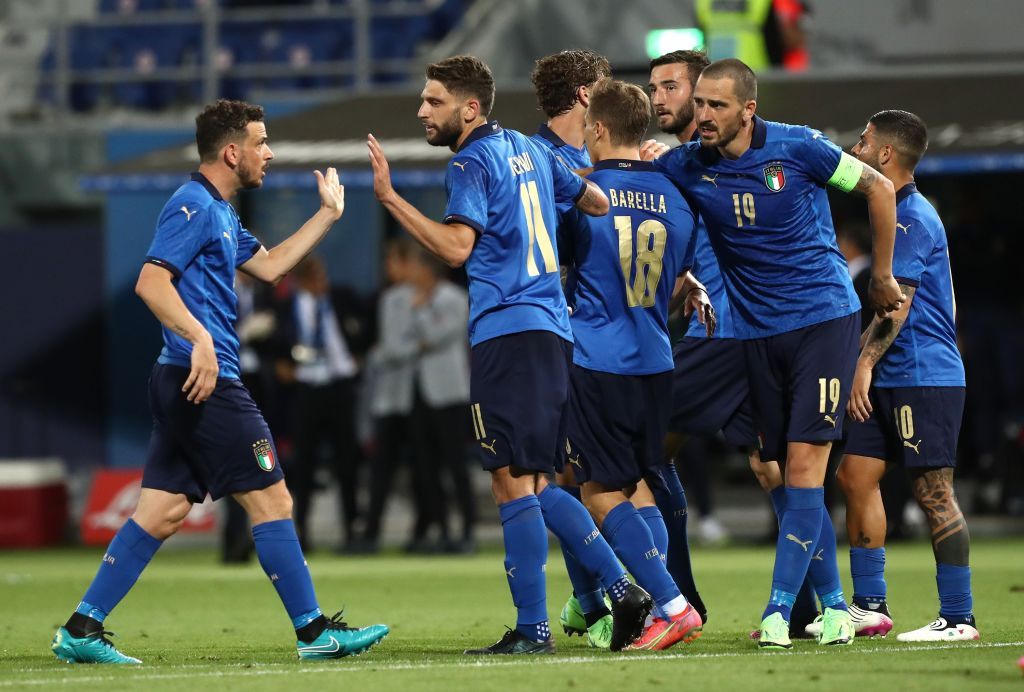 BOLOGNA, ITALY - JUNE 04: Domenico Berardi #11 of Italy celebrates his goal with his team-mate Alessandro Florenzi (L) during the international friendly match between Italy and Czech Republic at  on June 04, 2021 in Bologna, Italy. (Photo by Marco Luzzani/Getty Images)