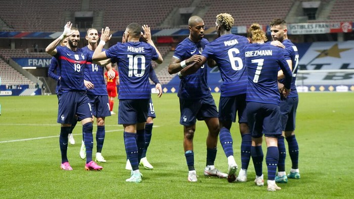 Frances Kylian Mbappé celebrates after scoring his sides opening goal during the international friendly soccer match between France and Wales at the Allianz Riviera stadium in Nice, France, Wednesday, June 2, 2021. (AP Photo/Daniel Cole)