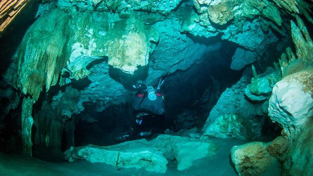 Scuba diving in Cenote Dos Ojos in Mexico