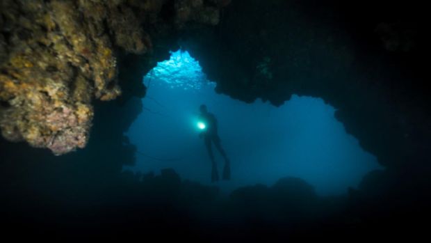A silhouette of a diver in Chandelier Cave which is a cave system made up of five separate chambers. Each chamber is connected to the other and each can be entered. Malakal Harbor, Palau