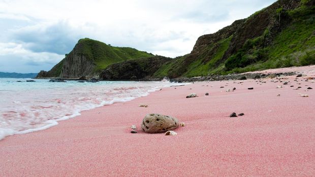 Closeup of the beautiful pink sand and turquoise ocean on Pink Beach in the Komodo National Park in Flores, Indonesia