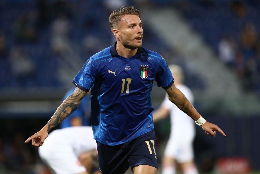 BOLOGNA, ITALY - JUNE 04: Ciro Immobile #17 of Italy celebrates with his team-mates after scoring the opening goal during the international friendly match between Italy and Czech Republic at  on June 04, 2021 in Bologna, Italy. (Photo by Marco Luzzani/Getty Images)