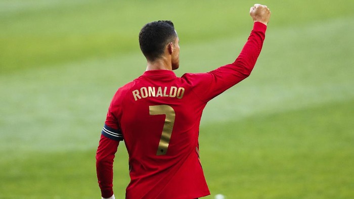 Portugals Cristiano Ronaldo celebrates after scoring his sides second goal during the international friendly soccer match between Portugal and Israel at the Alvalade stadium in Lisbon, Wednesday, June 9, 2021. (AP Photo/Armando Franca)