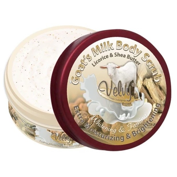 Velvy Goat’s Milk Body Scrub Licorice & Shea Butter/tokopedia.com Velvy Goat’s Milk Body Scrub Licorice & Shea Butter membuat kulit lebih cerah, bebas dari kekusaman/tokopedia.com