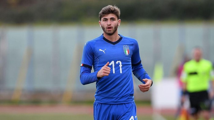 CASERTA, ITALY - JANUARY 16:  Manolo Portanova of Italy U19 in action during the International Friendly match between Italy U19 and Spain U19 on January 16, 2019 in Caserta, Italy.  (Photo by Francesco Pecoraro/Getty Images)