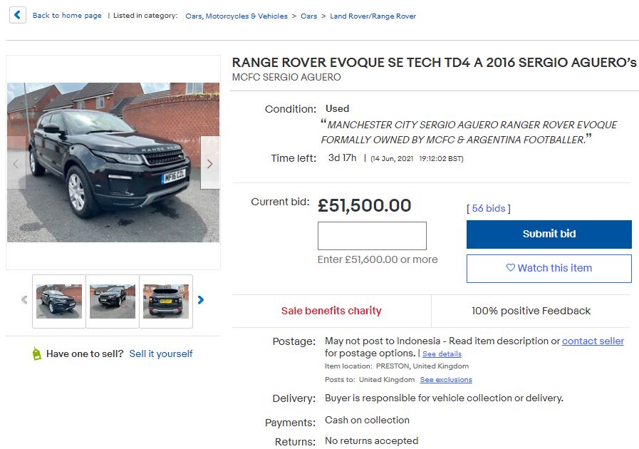 Mobil Range Rover hibahan Sergio Aguero untuk staf Manchester City dilelang di situs jual-beli, 10 Juni 2021.