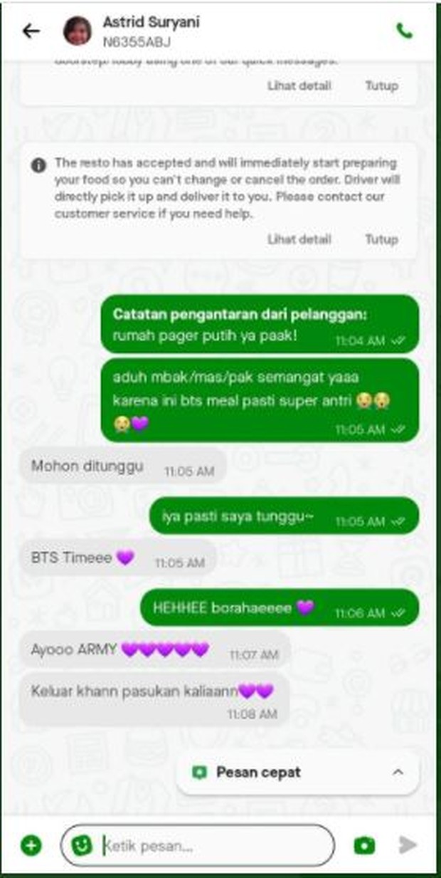 chat ojol dengan army/twitter.com/winmewT_T chat lucu para ojol dengan customer army saat memesan BTS meal