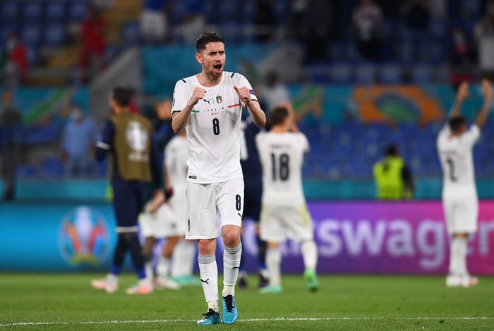 ROME, ITALY - JUNE 11: Jorginho of Italy celebrates after victory in the UEFA Euro 2020 Championship Group A match between Turkey and Italy at the Stadio Olimpico on June 11, 2021 in Rome, Italy. (Photo by Claudio Villa/Getty Images)