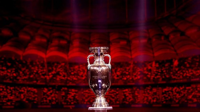 BUCHAREST, ROMANIA - NOVEMBER 30: The Henri Delaunay Trophy is seen on stage after the UEFA Euro 2020 Final Draw Ceremony at the Romexpo on November 30, 2019 in Bucharest, Romania. (Photo by Dean Mouhtaropoulos/Getty Images)