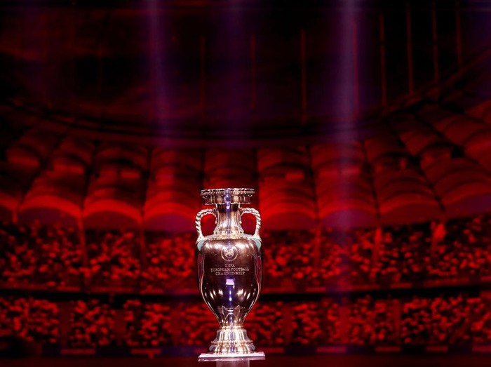 BUCHAREST, ROMANIA - NOVEMBER 30: The Henri Delaunay Trophy is seen on stage after the UEFA Euro 2020 Final Draw Ceremony at the Romexpo on November 30, 2019 in Bucharest, Romania. (Photo by Dean Mouhtaropoulos/Getty Images)