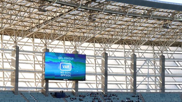 BAKU, AZERBAIJAN - JUNE 12: An LED Screen inside the stadium shows the VAR decision as 