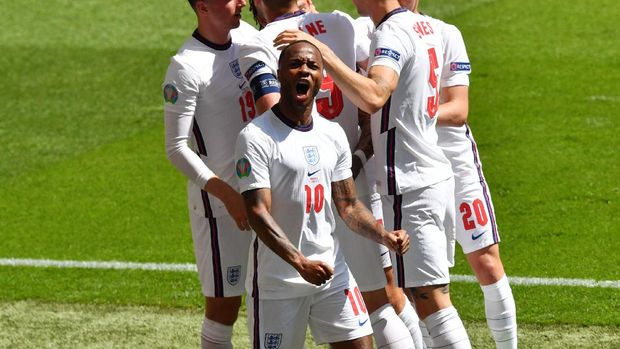 SOCCER-EURO-ENG-CRO/REPORT Soccer Football - Euro 2020 - Group D - England v Croatia - Wembley Stadium, London, Britain - June 13, 2021 England's Raheem Sterling celebrates scoring their first goal with teammates Pool via REUTERS/Justin Tallis