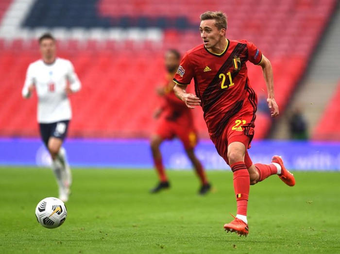LONDON, ENGLAND - OCTOBER 11: Timothy Castagne of Belgium in action during the UEFA Nations League group stage match between England and Belgium at Wembley Stadium on October 11, 2020 in London, England. Football Stadiums around Europe remain empty due to the Coronavirus Pandemic as Government social distancing laws prohibit fans inside venues resulting in fixtures being played behind closed doors. (Photo by Neil Hall - Pool/Getty Images)