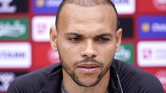 Danish player Martin Braithwaite speaks to the media, in Elsinore, Denmark, Monday, June 14, 2021. Denmark played their opening Euro 2020 group game against Finland on Saturday when during the first half Denmarks player Christian Eriksens heart stopped and and was given lengthy medical treatment before regaining consciousness. (Liselotte Sabroe/Ritzau Scanpix via AP)