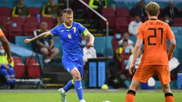 Soccer Football - Euro 2020 - Group C - Netherlands v Ukraine - Johan Cruyff Arena, Amsterdam, Netherlands - June 13, 2021 Ukraine's Andriy Yarmolenko scores their first goal Pool via REUTERS/Piroschka Van De Wouw