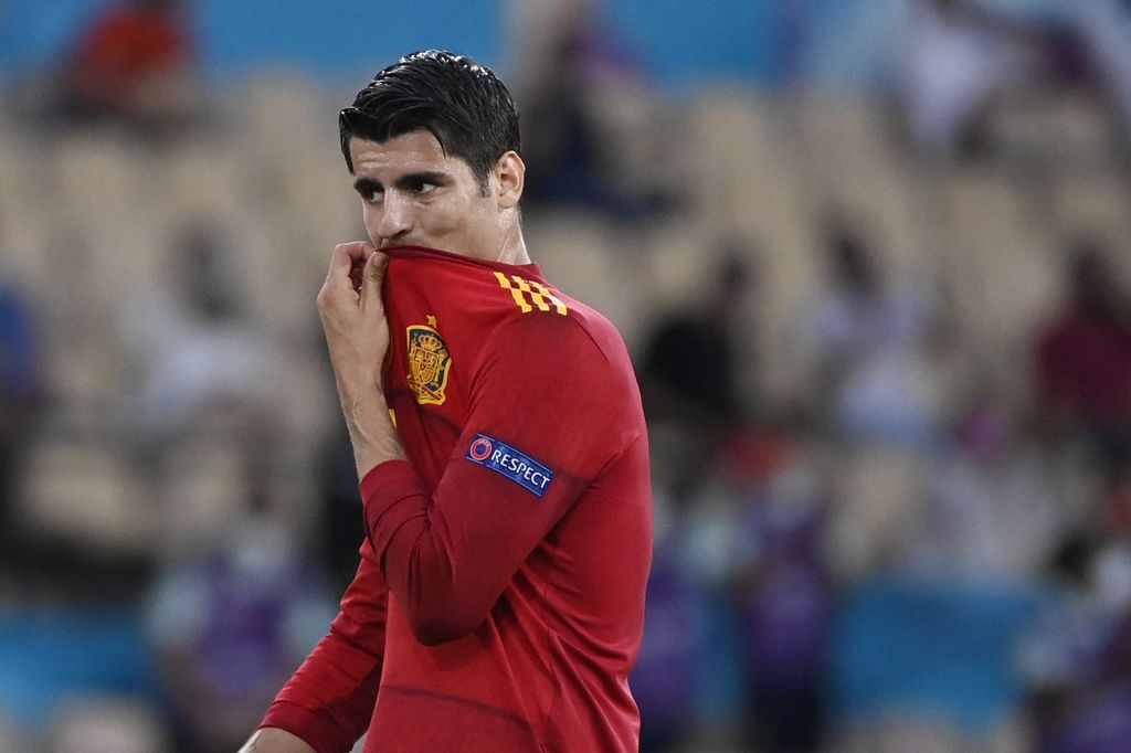 Spain's Alvaro Morata gestures during the Euro 2020 soccer championship group E match between Spain and Sweden at La Cartuja stadium in Seville, Monday, June 14, 2021. (AP Photo/Pierre Philippe Marcou, Pool)