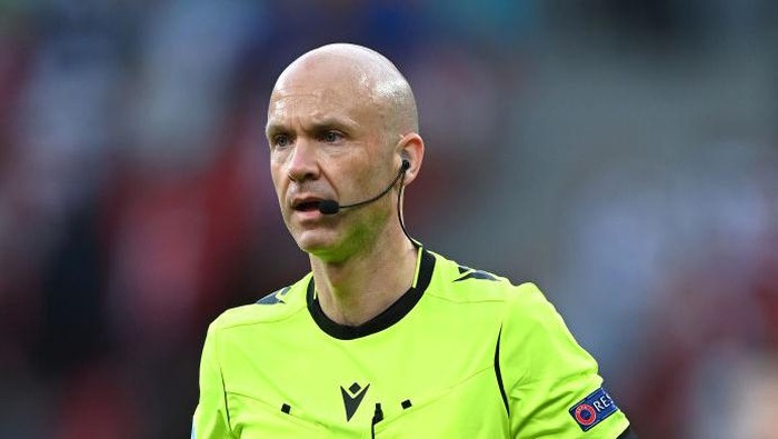 COPENHAGEN, DENMARK - JUNE 12: Match Referee, Anthony Taylor looks on during the UEFA Euro 2020 Championship Group B match between Denmark and Finland on June 12, 2021 in Copenhagen, Denmark. (Photo by Stuart Franklin/Getty Images)