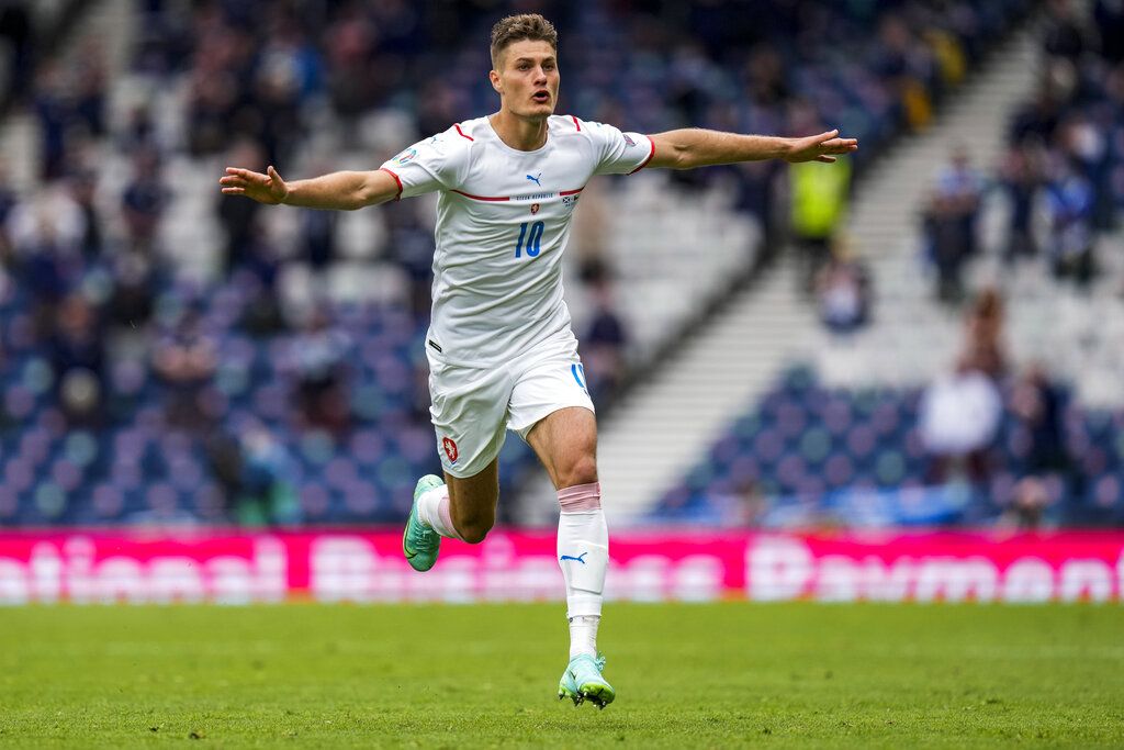 Czech Republic's Patrik Schick celebrates after scoring his second goal during the Euro 2020 soccer championship group D match between Scotland and Czech Republic, at Hampden Park stadium in Glasgow, Scotland, Monday, June 14, 2021. (AP Photo/Petr David Josek, Pool)