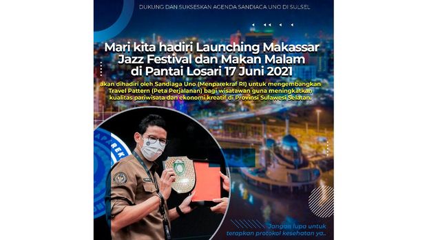 Poster acara launching festival musik jazz dan makan malam yang akan dihadiri Menteri Pariwisata dan Ekonomi Kreatif, Sandiaga Uno di Makassar, Sulawesi Selatan.