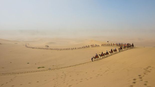 Tourists ride Camel over Sunshine Summer Desert over blue sky, Travelers riding Camels as Caravan group tour on route Sand road in Sand Storm at MingShaShan, DunHuang, China