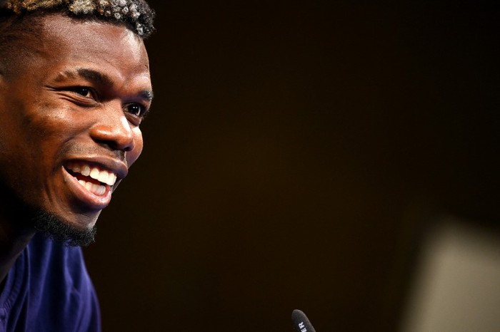 Frances midfielder Paul Pogba speaks during a press conference at the teams base camp in Clairefontaine-en-Yvelines on June 10, 2021 ahead of the UEFA EURO 2020 football competition. (Photo by FRANCK FIFE / AFP)