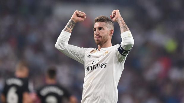 MADRID, SPAIN - SEPTEMBER 01:  Sergio Ramos of Real Madrid celebrates after scoring his team's 4th goal from the penalty spot during the La Liga match between Real Madrid CF and CD Leganes at Estadio Santiago Bernabeu on September 1, 2018 in Madrid, Spain. (Photo by Denis Doyle/Getty Images)